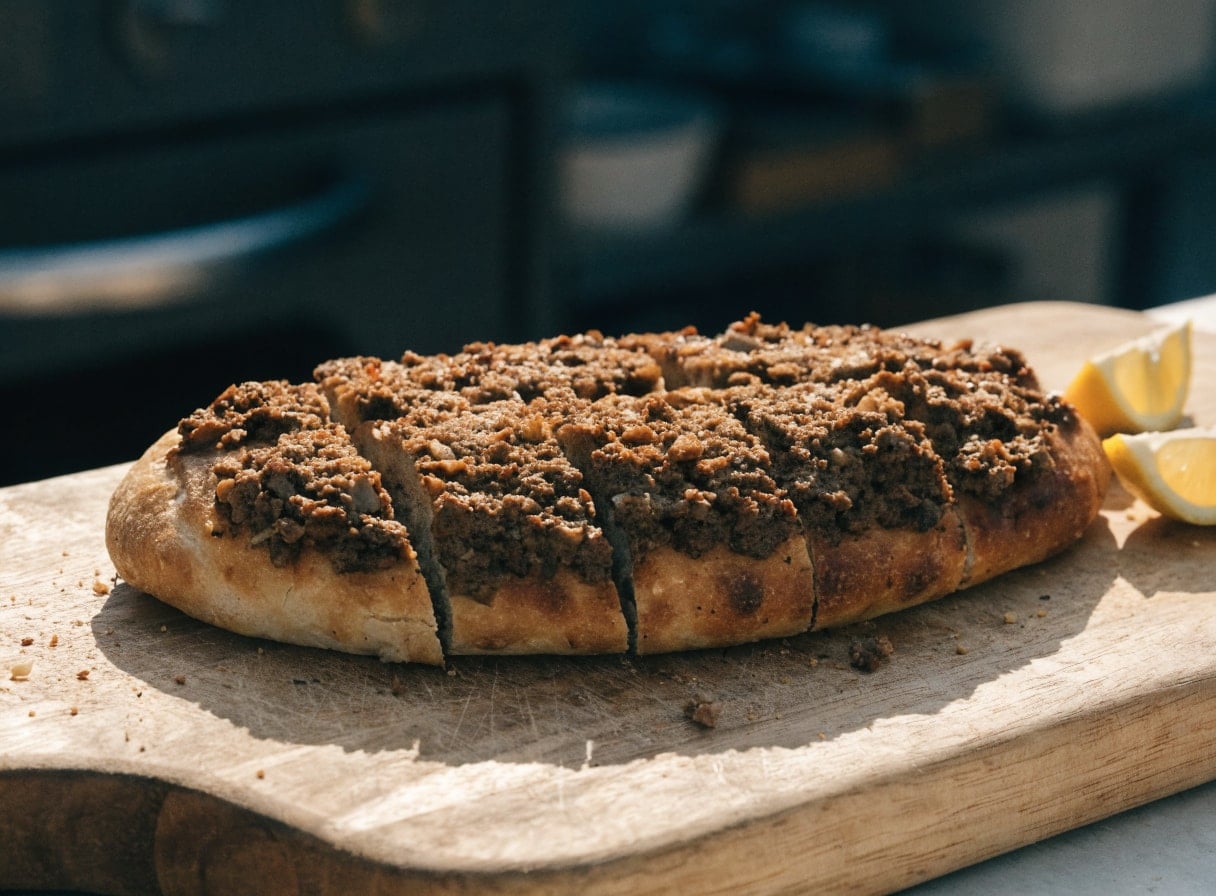 Ground Beef Long Pide, handmade at Taskin Bakery